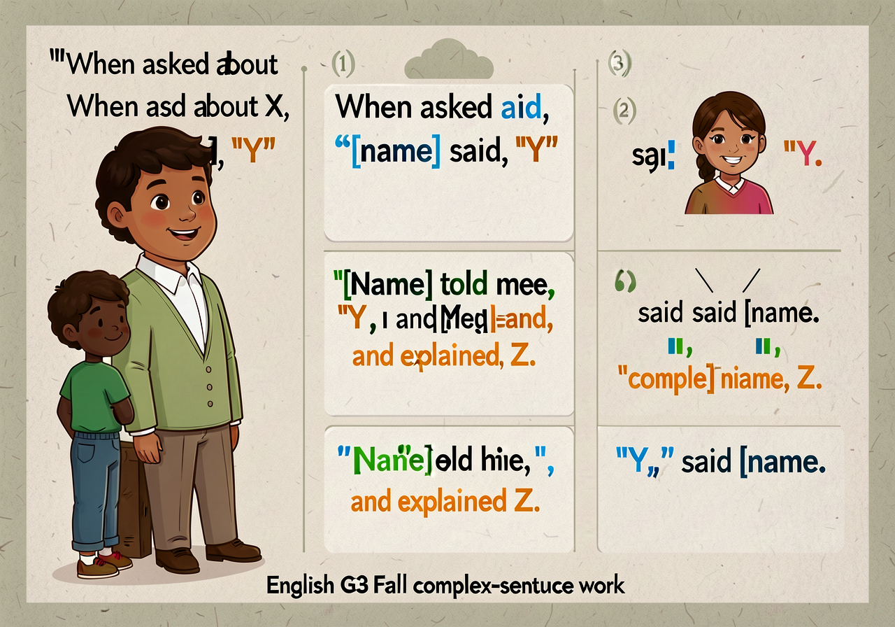24x18 laminated chart showing 3 quote-format patterns: (1) 'When asked about X, [name] said, "Y."' (2) '[Name] told me, 