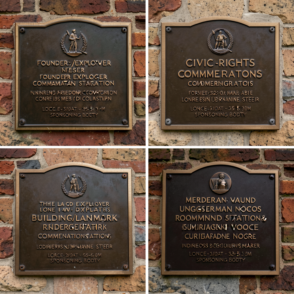 Set of 4 close-up photographs 8x10 of real local plaques (teacher-localized). Each photo shows the full bronze or stone 