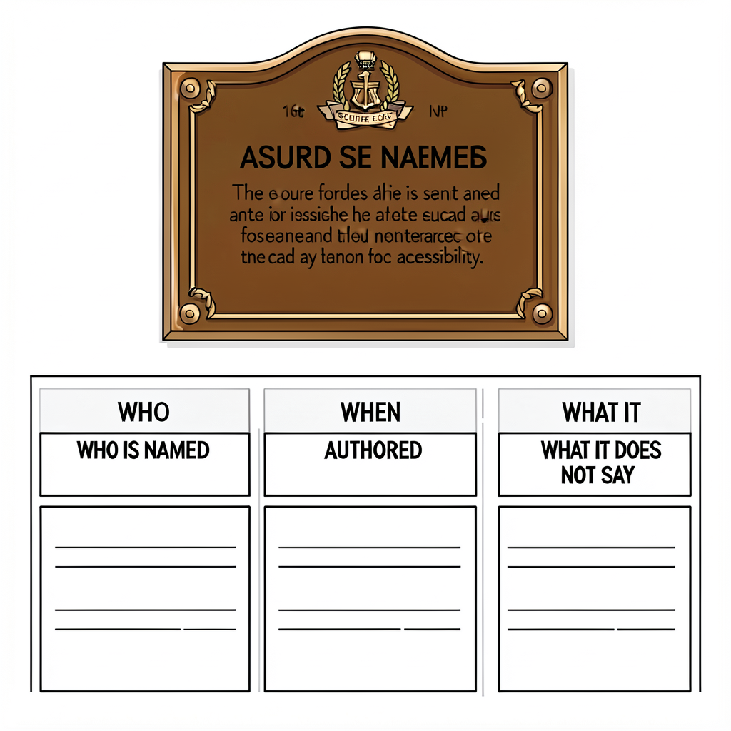 8.5x11 portrait worksheet. Top half: photo of plaque + transcribed inscription in larger 16pt for read-aloud accessibili