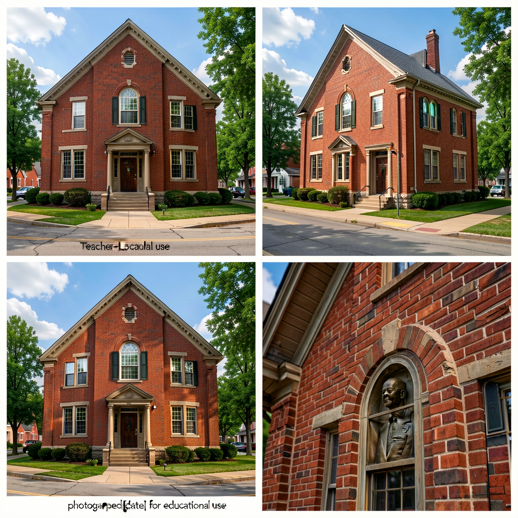 Set of 4 high-resolution photographs 8x10 of ONE real local landmark building from 4 angles (front, side, rear, detail c