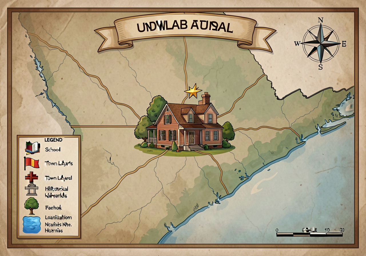 24x18 laminated town-scale map (1 inch = 1 mile, ~10 miles across) with FULL cartographic apparatus: TITLE banner, 8-dir