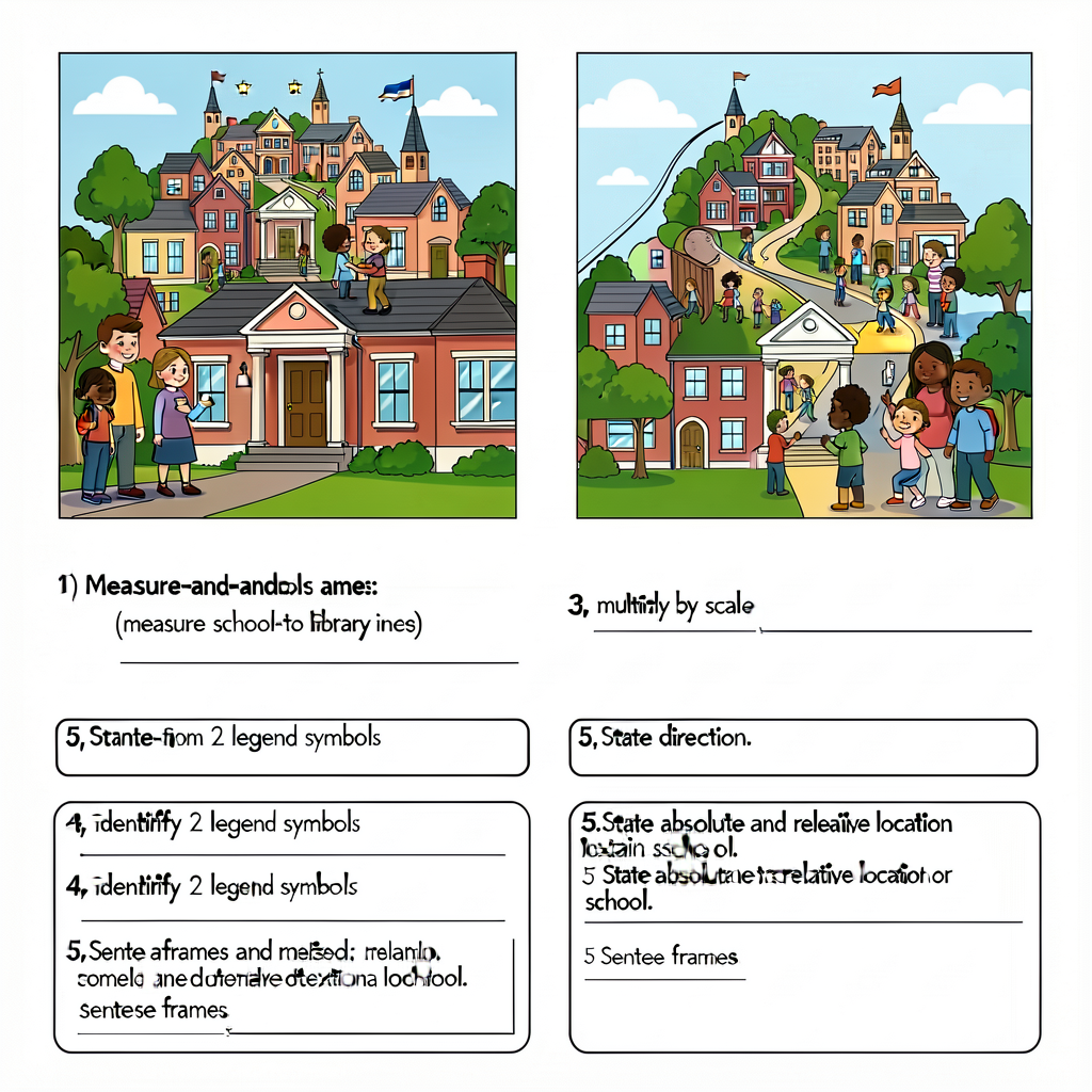 8.5x11 worksheet with mini-map reproduction and 5 measure-and-name tasks: (1) measure school-to-library inches; (2) mult