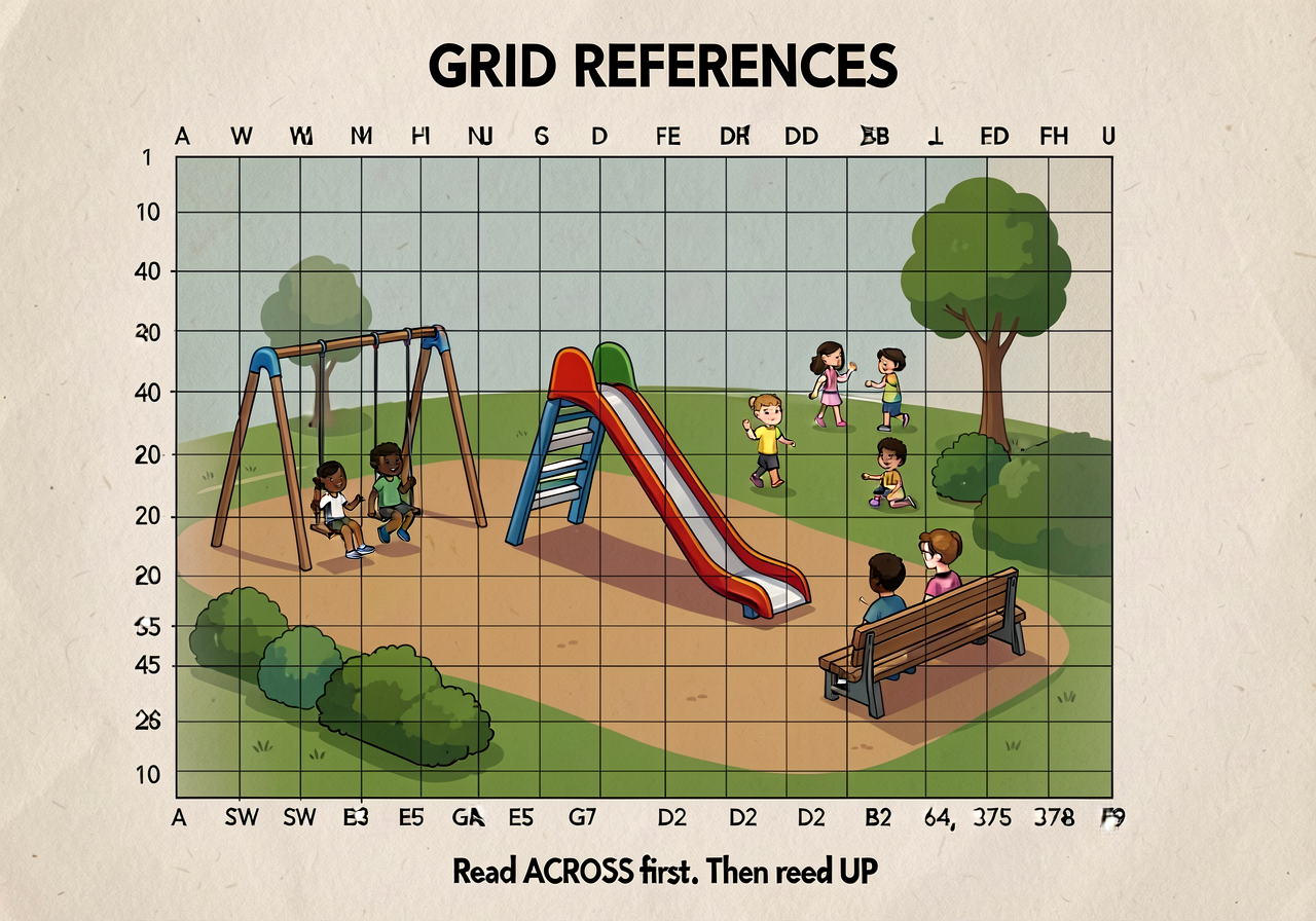 MG-11 reproduction at 24x24 laminated grid chart. 10x10 grid overlaid on stylized school-yard map. Horizontal axis A-J. 