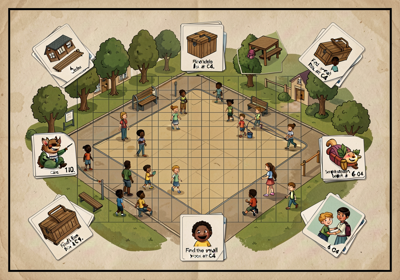 11x17 print of school-yard map with grid overlay (4-figure default; 6-figure option marked at corner). 10 clue-card icon