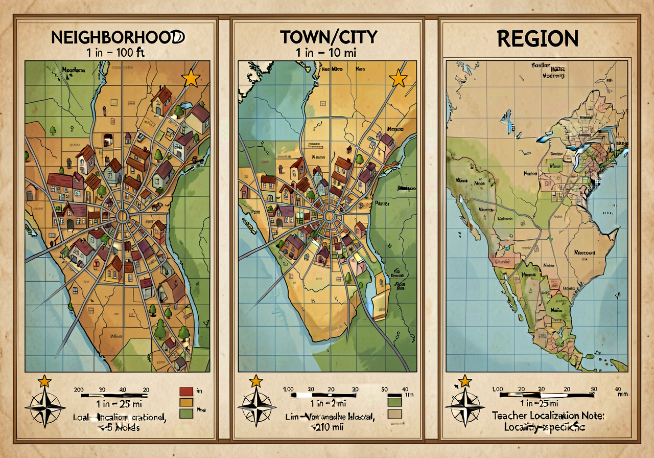Three coordinated 18x24 laminated maps at three scales: NEIGHBORHOOD (1 in = 100 ft, ~5 blocks), TOWN/CITY (1 in = 1 mi,