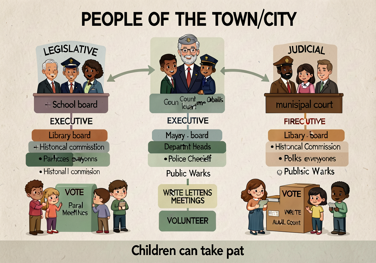 MG-10 reproduction at 36x36 laminated chart. Top: 'PEOPLE OF THE TOWN/CITY.' Three branches LEGISLATIVE (council + schoo
