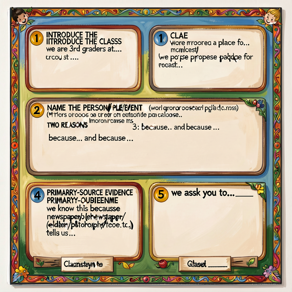 11x17 chart paper template with 5 numbered paragraph boxes: (1) INTRODUCE THE CLASS (we are 3rd graders at...); (2) NAME