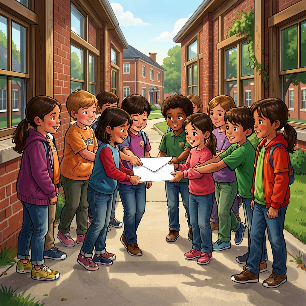 Plan: photograph the class collectively sealing the envelope and walking it to the school mail. Caption-ready. Used in l