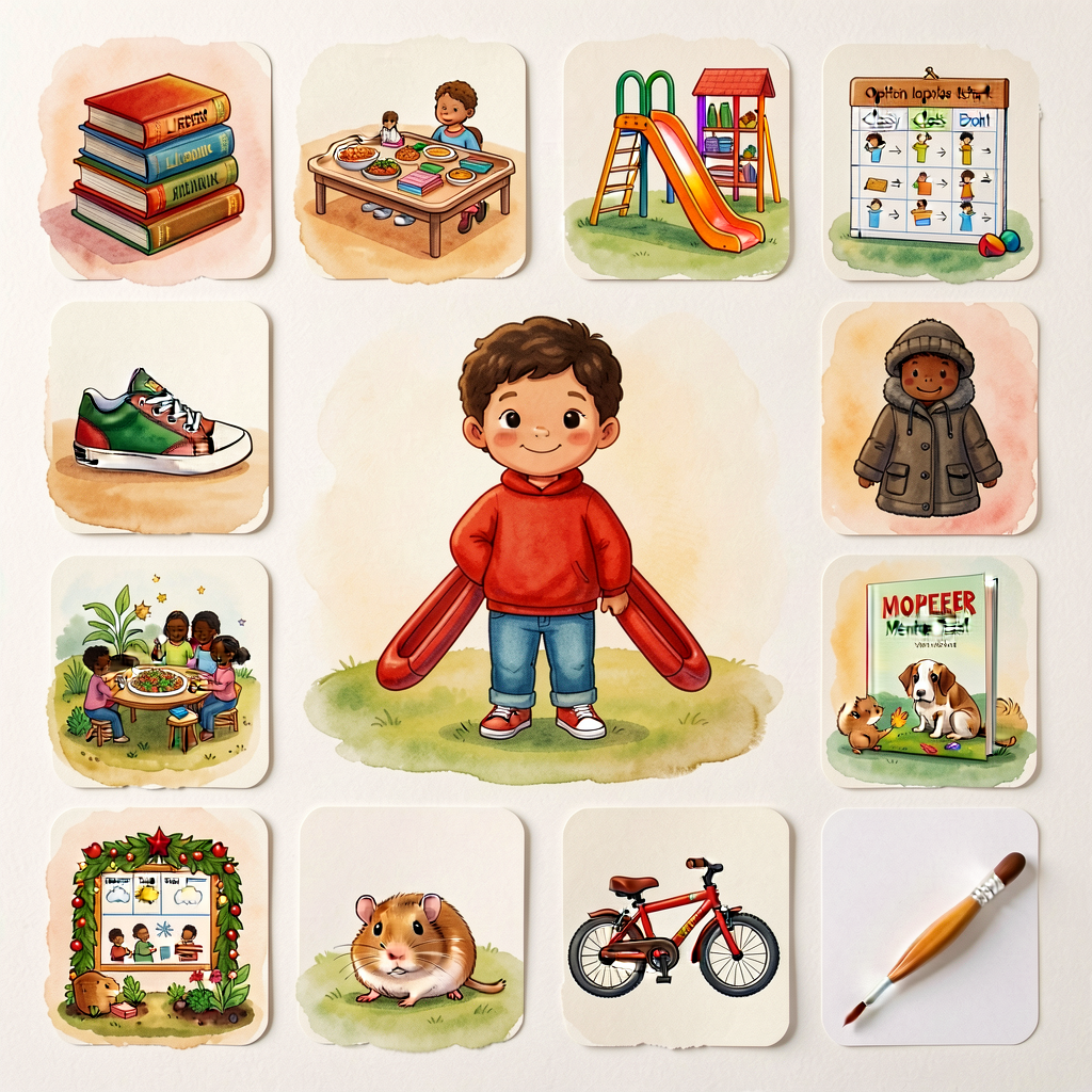 Photograph set of 16 opinion-prompt cards: a stack of library books, a school cafeteria tray, a playground slide, a clas