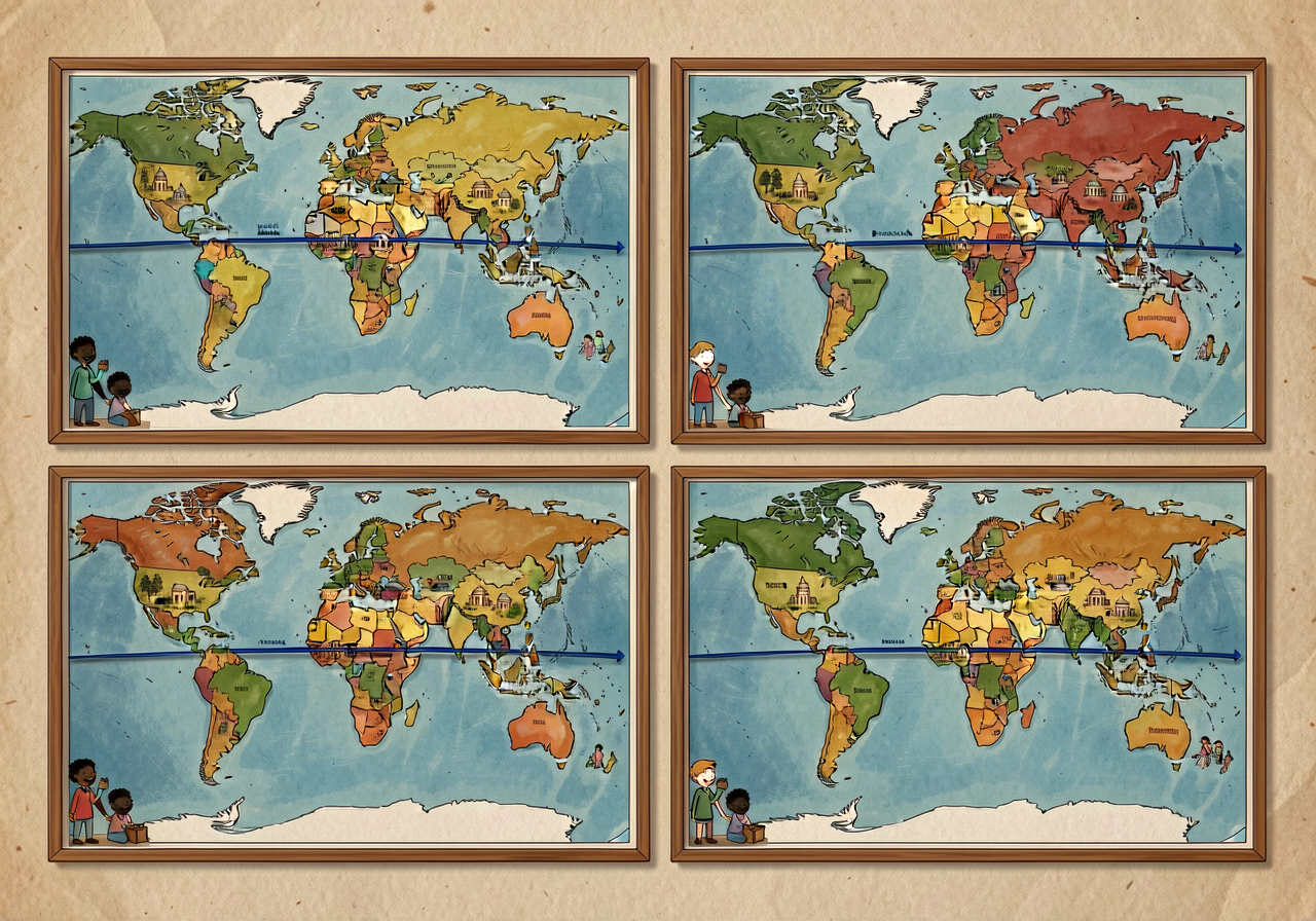 Mounted along one classroom wall as a coordinated set. The four-region framing is INTENTIONAL - it teaches that geograph