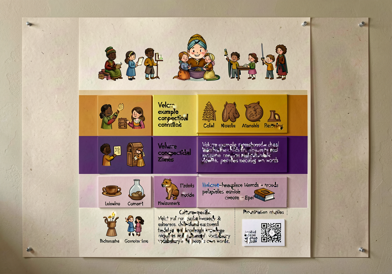 Mounted on classroom wall at child-eye-height. The six-band color coding teaches that the unit has six conceptual zones.