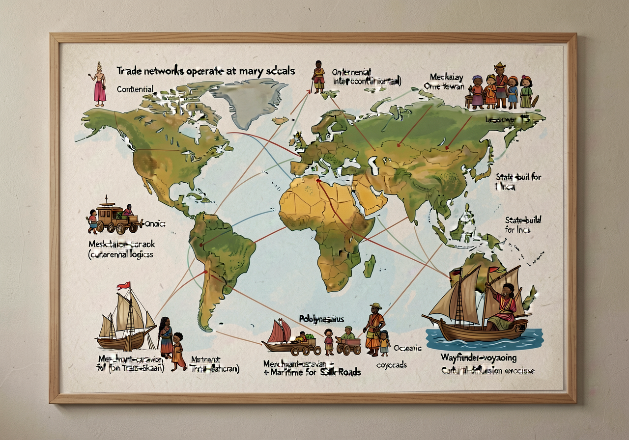 Mounted on classroom wall at child-eye-height. The intentional FOUR-NETWORK framing teaches that trade networks operate 