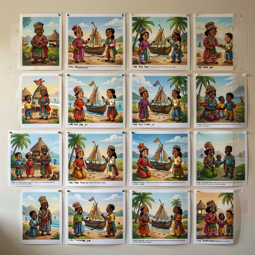 Mounted on classroom wall as a grouped 4x4 grid. Used in lessons 7-14 as the LIVING-CULTURE PHOTO routine source set. Th