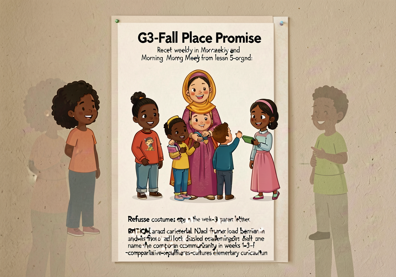 Mounted on classroom wall at child-eye-height alongside the G3-Fall Place Promise. Recited weekly in Morning Meeting fro