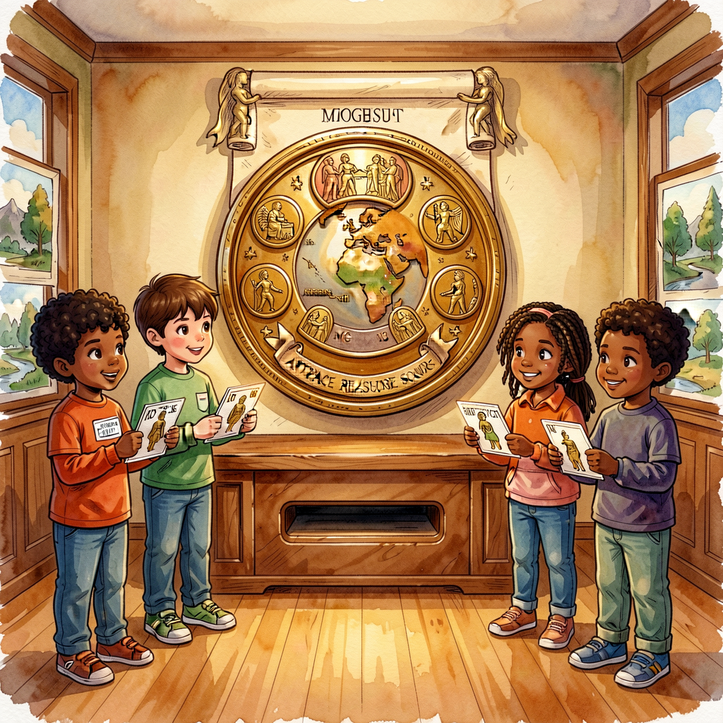 MG-1 displayed at front of room. Children identify the four region figures and the artifact-source slot. Refer to MG-1 c