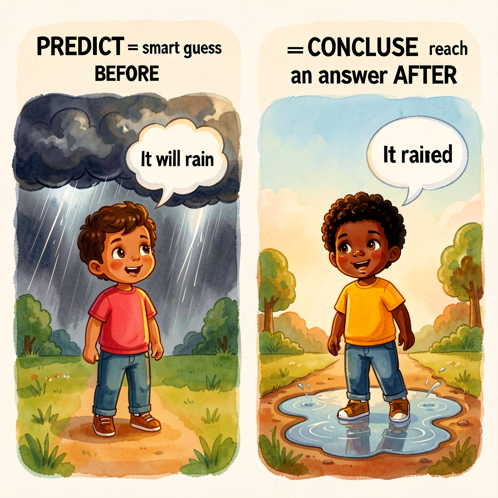 Two-panel anchor card. Left: 'PREDICT = smart guess BEFORE' with a child looking at storm clouds with a thought bubble '