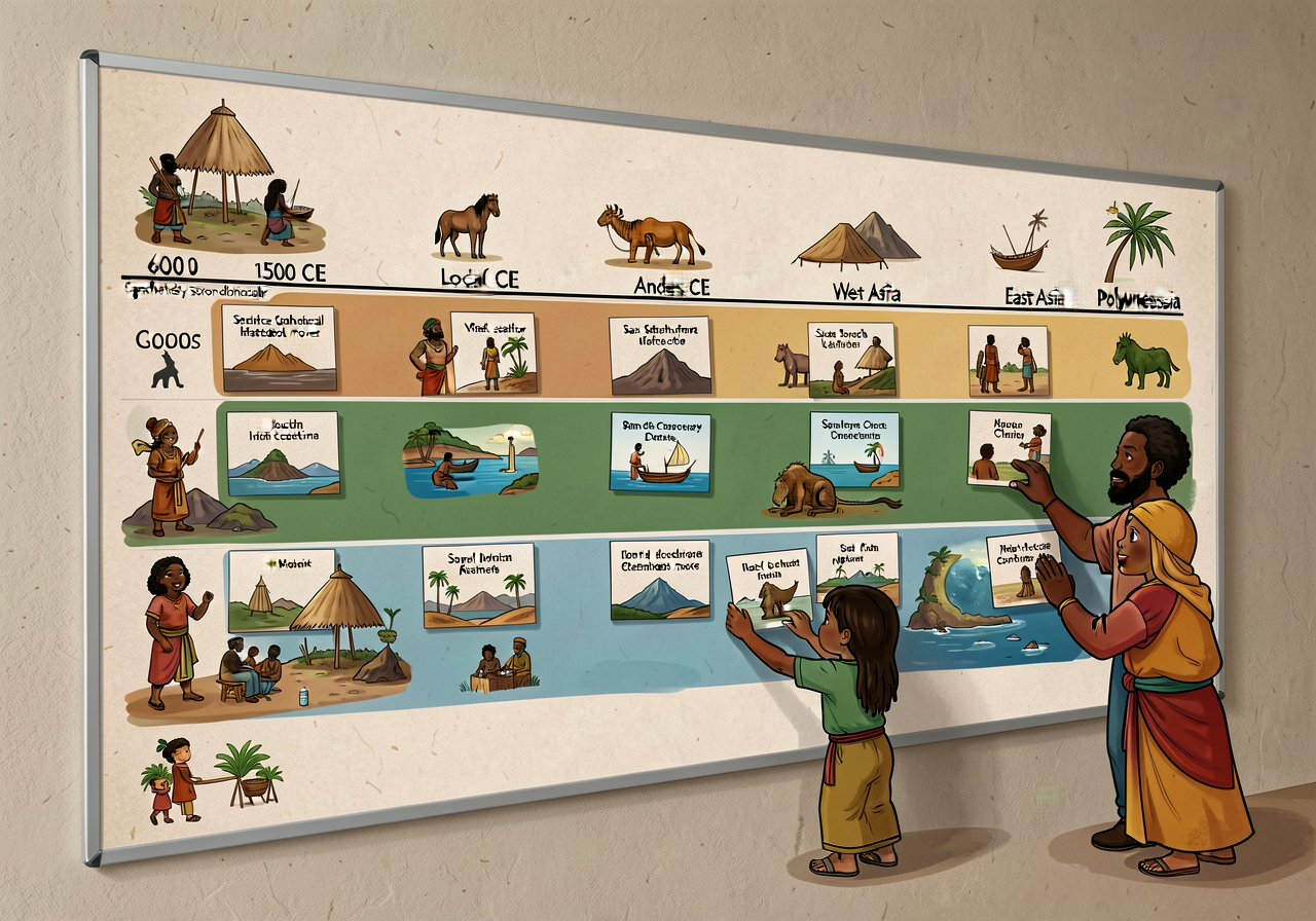 MG-2 96x24-inch laminated chart mounted along one full wall. Children physically place same-century event cards across t