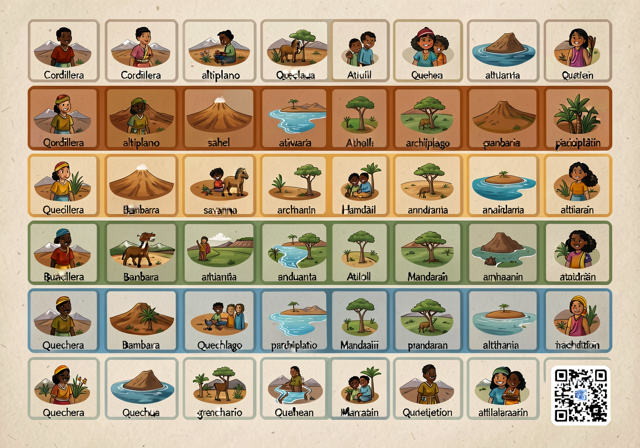 MG-4 48x36-inch laminated chart with 40 illustrated vocabulary tiles in 6 colored bands. Cordillera, altiplano, sahel, s