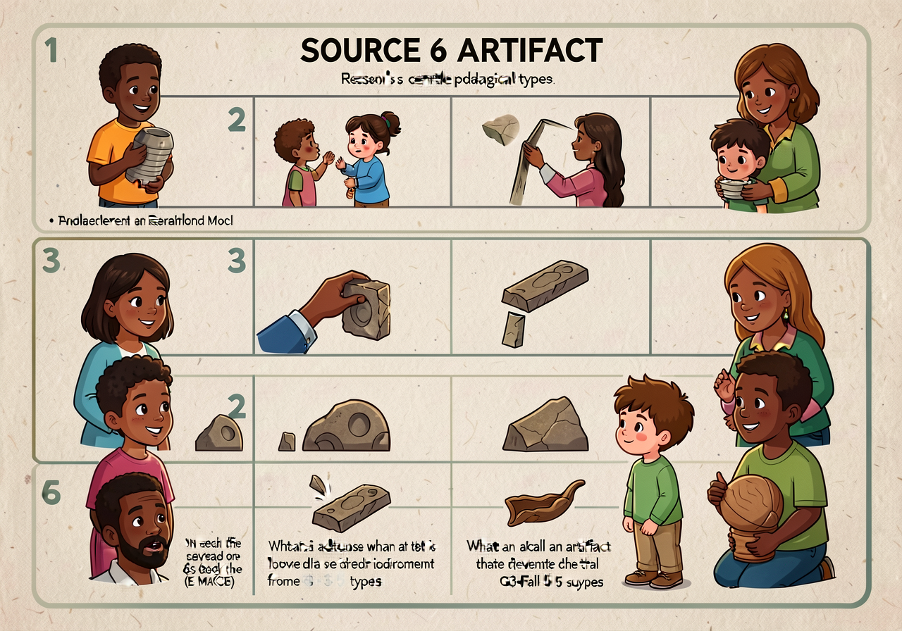 MG-6 36x48-inch laminated chart with 6 numbered rows. The reveal of SOURCE 6 ARTIFACT is the lesson's central pedagogica
