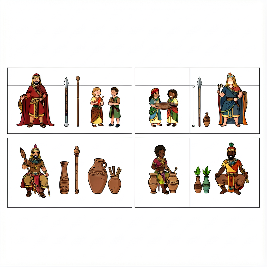 MG-8 36x48-inch laminated chart with 6 material panels horizontally arranged. Each panel shows one example artifact from