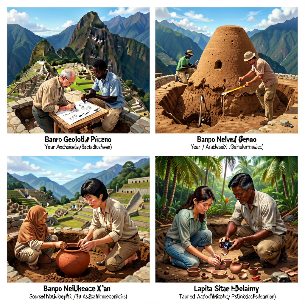 4 high-resolution photographs (8x10) showing: Inca terrace excavation at Machu Picchu with archaeologist sketching; Djen