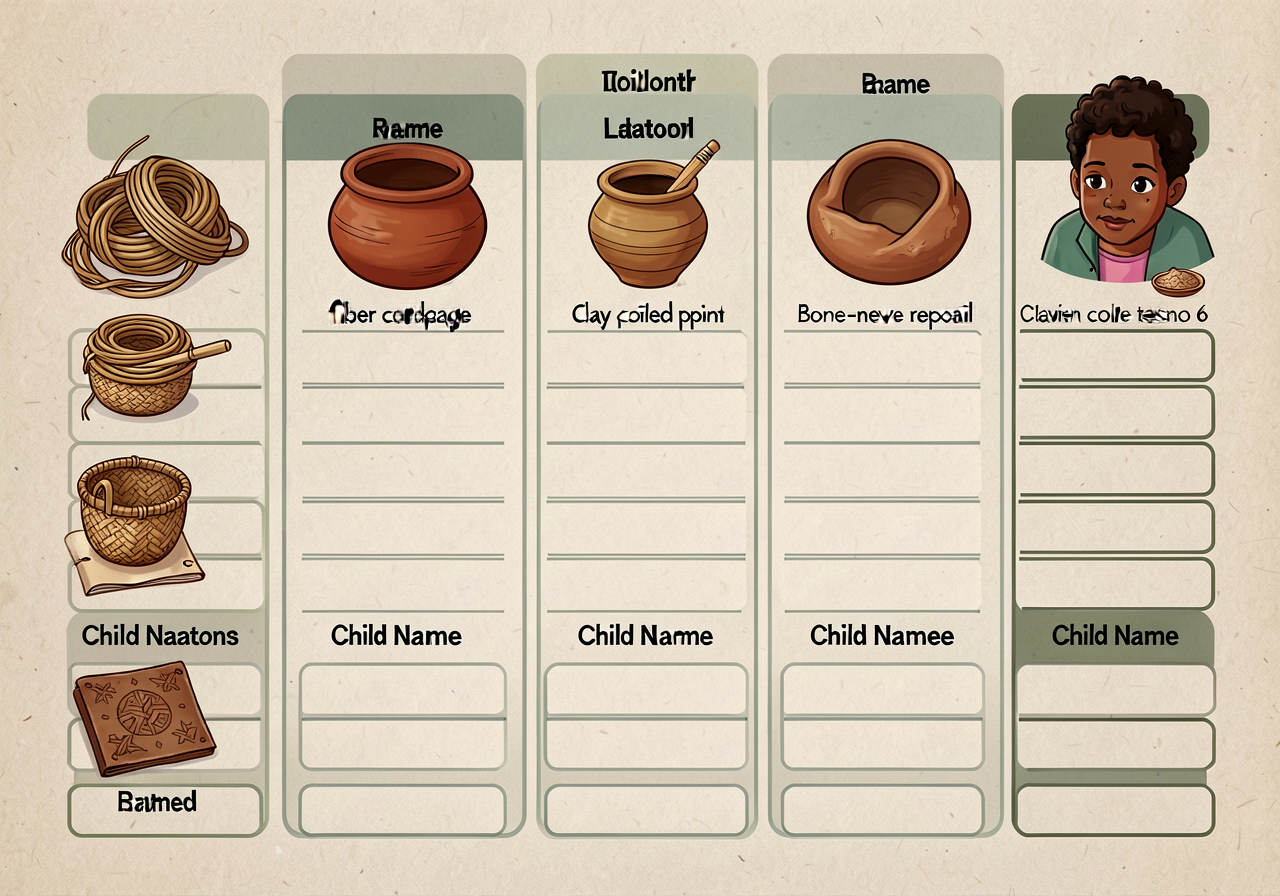 Laminated 18x24-inch signup sheet with 5 tool-station columns (fiber cordage; clay coiled pinch pot; bone-needle replica