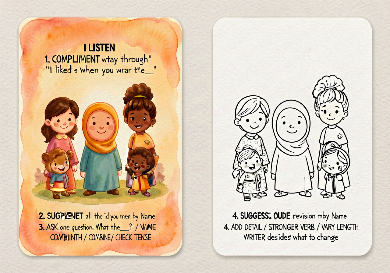 Peer-edit 5-move protocol bookmark (print-ready 2x7 inches): 1. LISTEN all the way through. 2. COMPLIMENT with a quote (