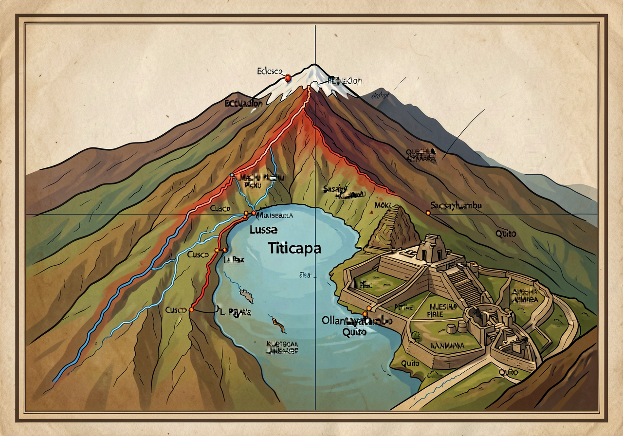 MG-3 map A 24x36-inch laminated map with Andean cordillera highlighted, Lake Titicaca, key Inca sites (Cusco, Machu Picc