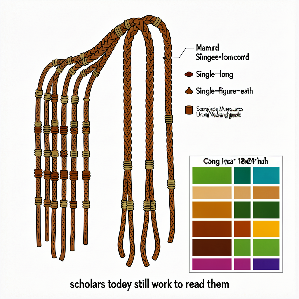 MG-10 18x24-inch laminated diagram of an Inca quipu with labels for main cord, pendant cords, knot types (single/long/fi