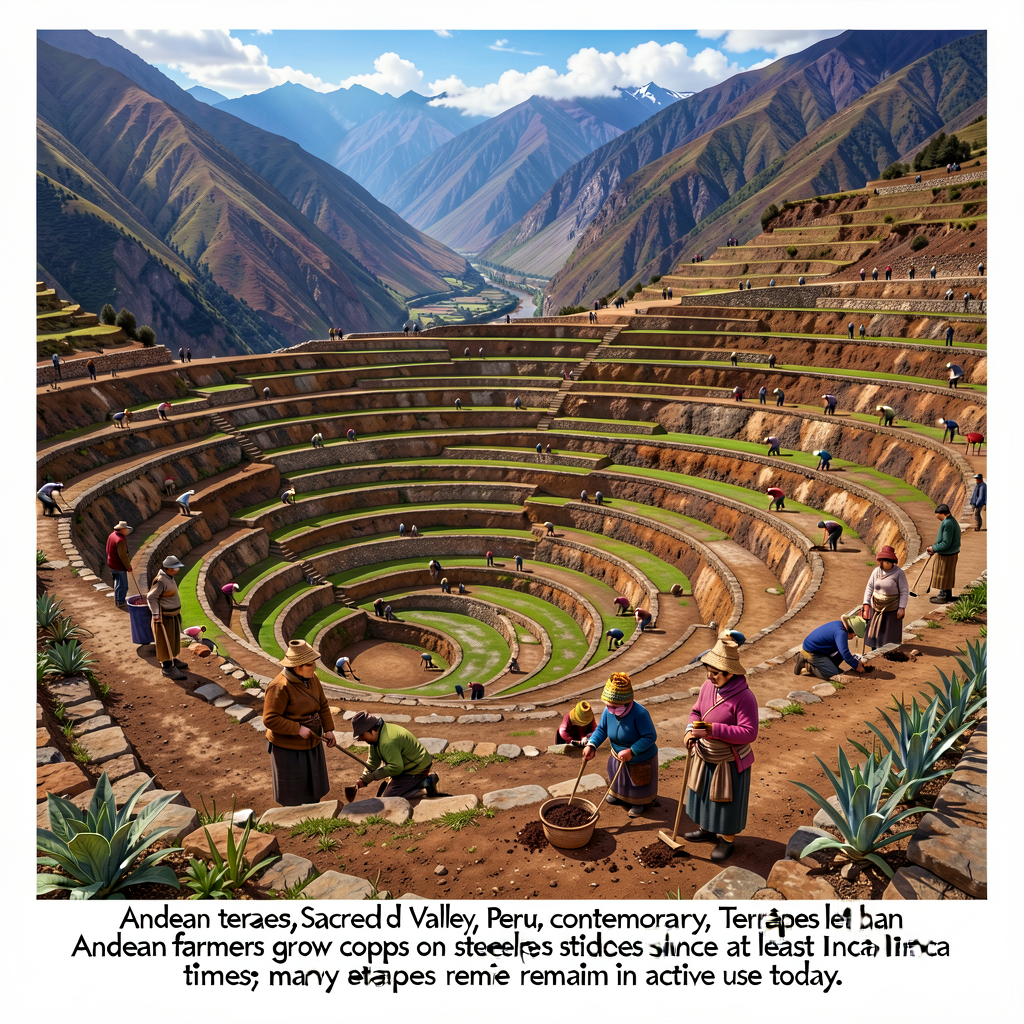 8x10 contemporary photograph of an Andean terraced agriculture site (Moray near Cusco or contemporary working terraces i