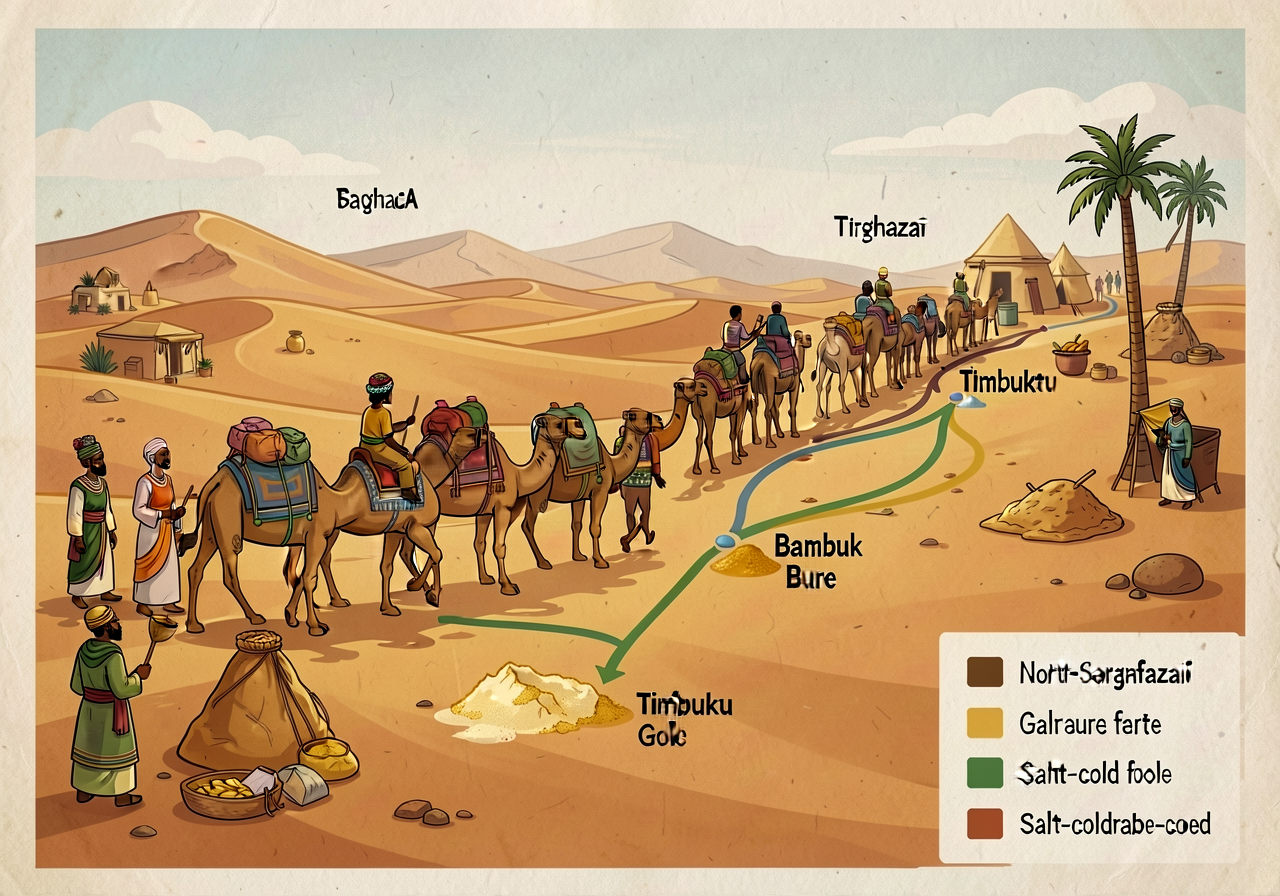 Detail from MG-9 with Trans-Saharan routes highlighted: salt from Taghaza (central Sahara) and gold from Bambuk and Bure