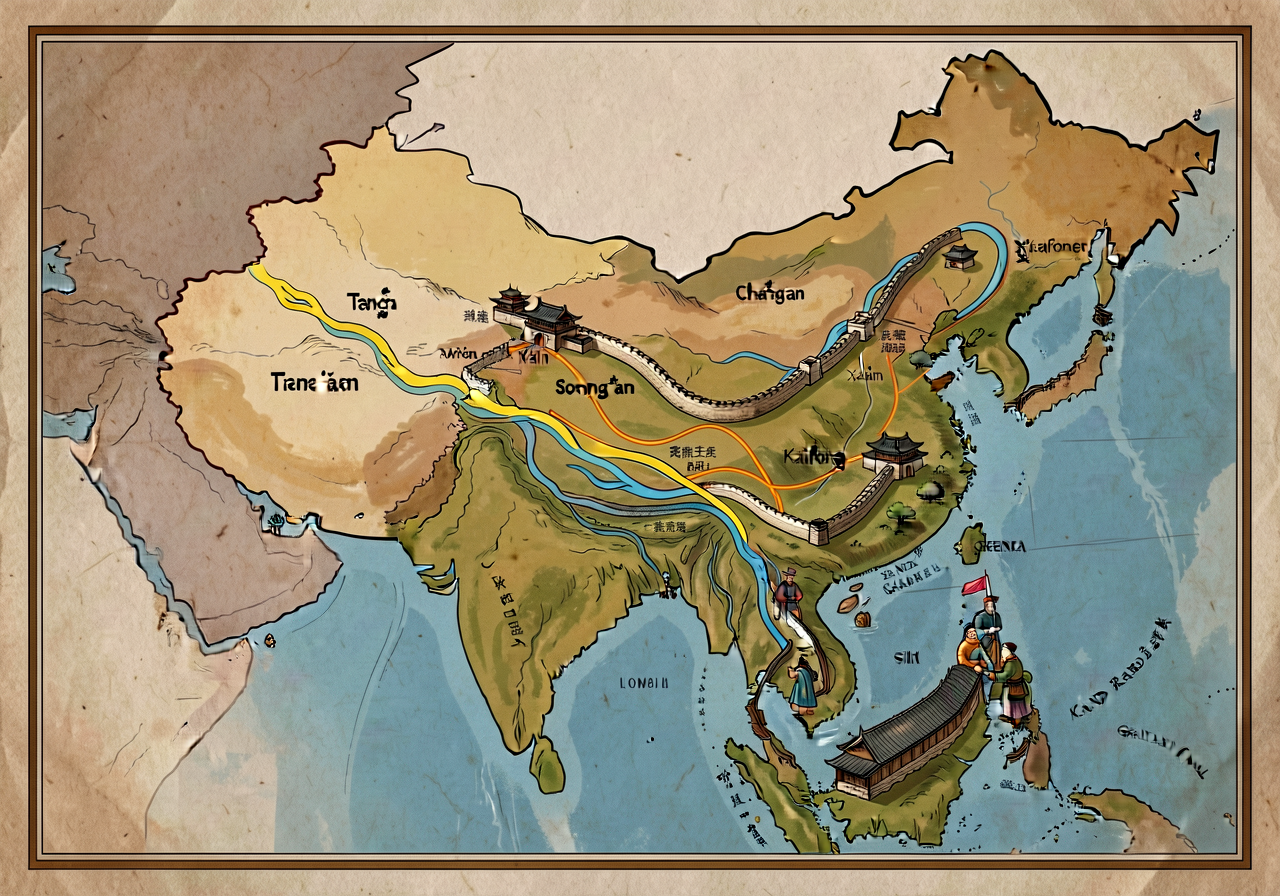 MG-3 map C 24x36-inch laminated map with Yellow River, Yangtze River, Tang-era capital Chang'an (modern Xi'an), Song-era