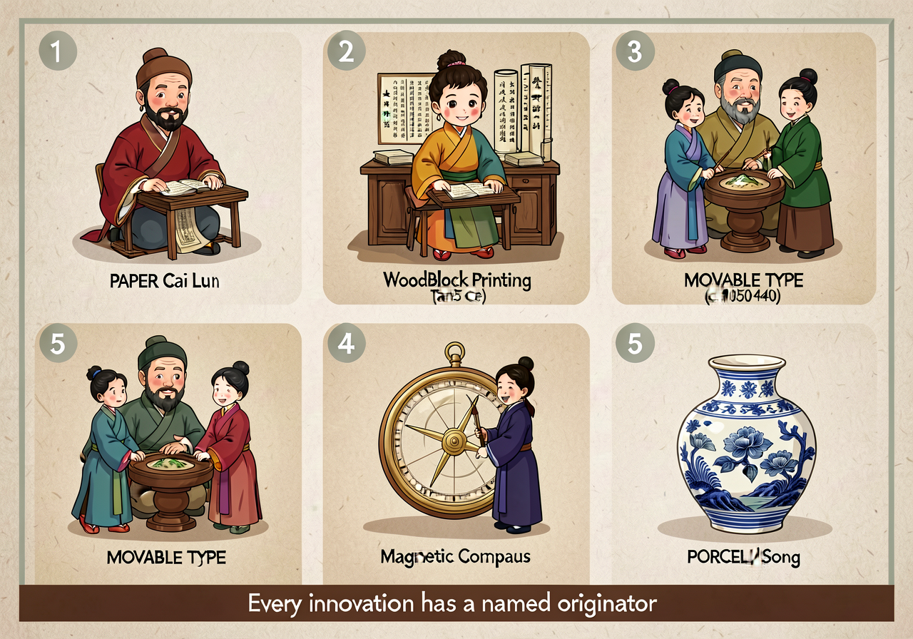 24x36-inch laminated chart with 5 numbered panels: PAPER (Cai Lun 105 CE), WOODBLOCK PRINTING (Tang), MOVABLE TYPE (Bi S