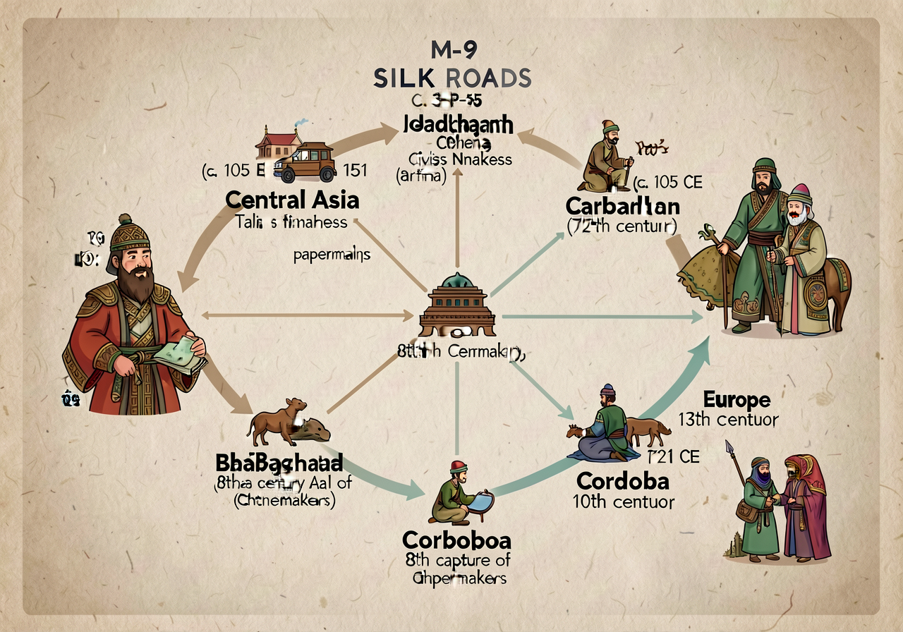 Detail from MG-9 Silk Roads with paper's diffusion timeline marked: China (c. 105 CE) -> Central Asia -> Baghdad (8th ce
