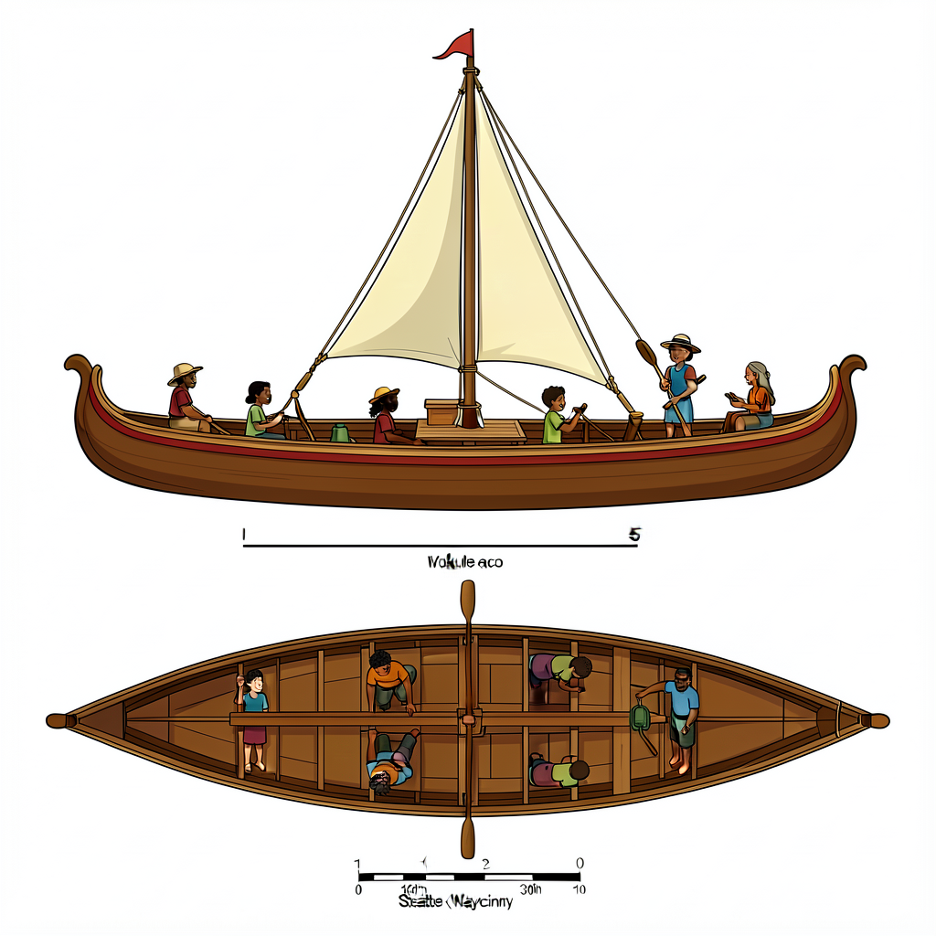 24x36-inch laminated diagram of a Hokule'a-style double-hulled voyaging canoe with 5 labeled features (two hulls, connec