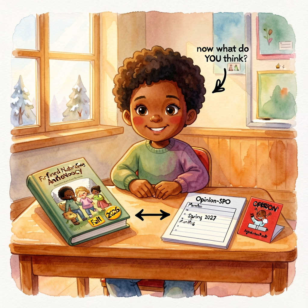 Watercolor illustration of a Grade-2 writer at a desk: left half of desk holds a finished narrative anthology with a 'Fa