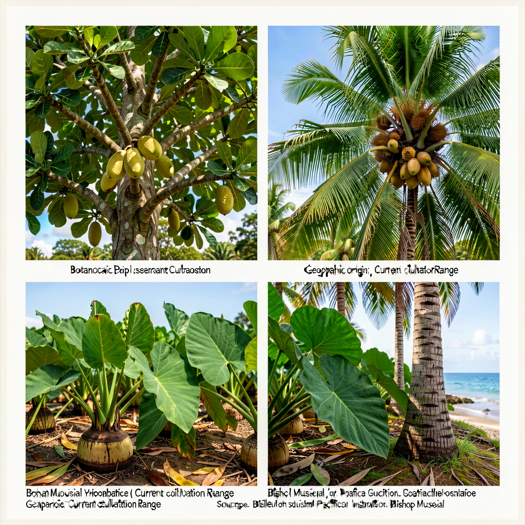 3 high-resolution photographs (8x10 each) of breadfruit tree with fruit, taro plant with corm, coconut palm with coconut