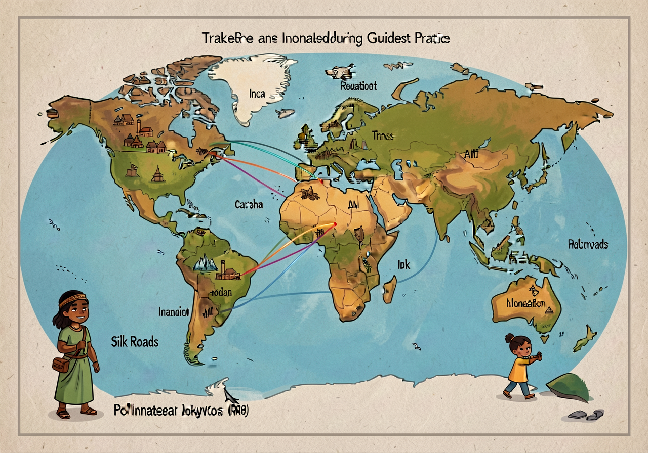 MG-9 36x36-inch laminated chart showing four named trade-network maps superimposed on a world outline (Inca road / Trans