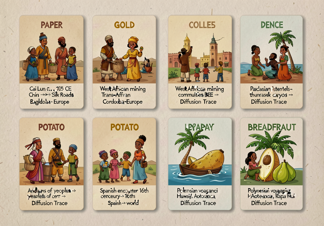 Set of 4 laminated 5x7 cards: PAPER (Cai Lun c. 105 CE China -> Silk Roads -> Baghdad -> Cordoba -> Europe); GOLD (West 