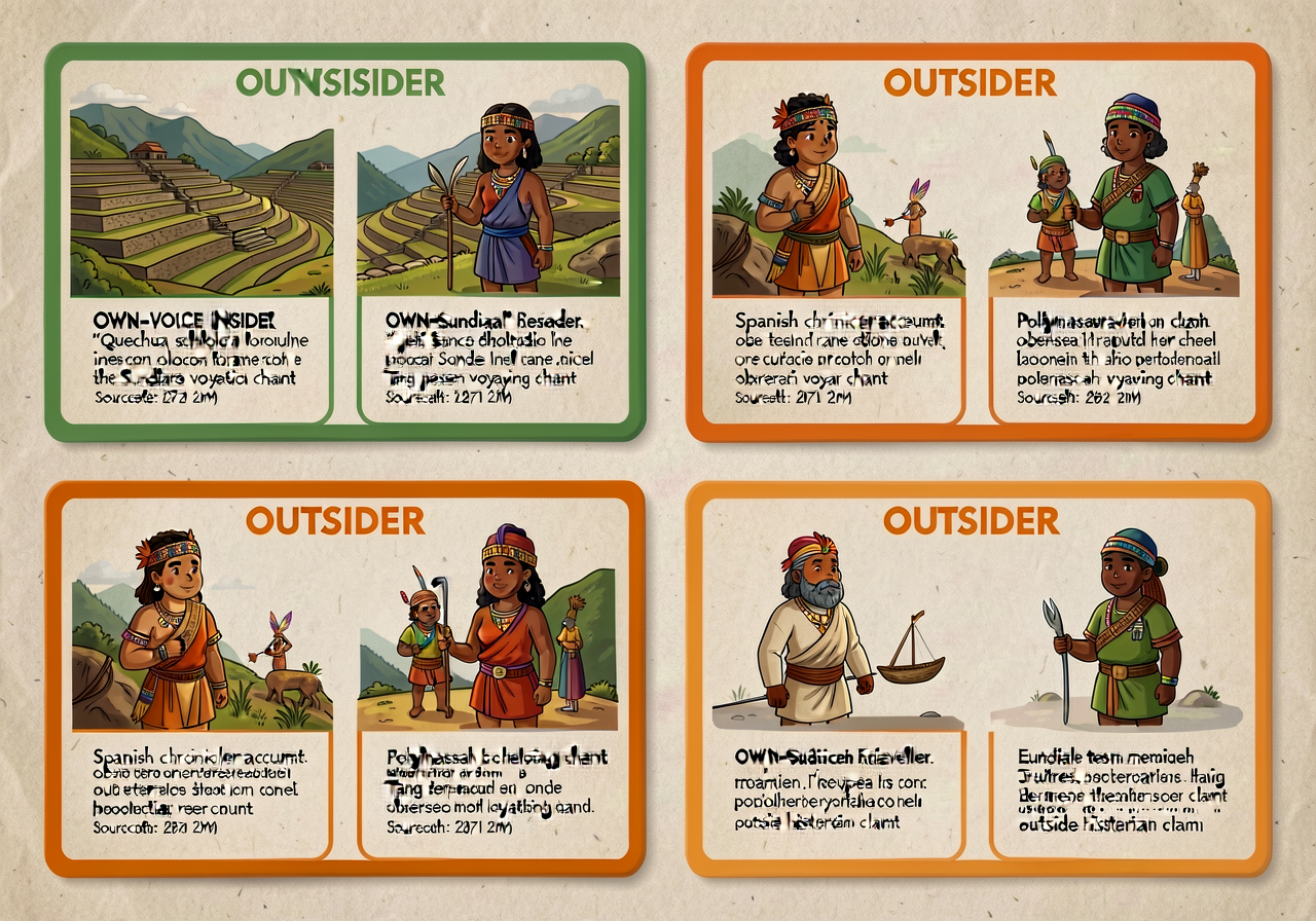 Set of 4 laminated source-pair cards, one per studied culture. Each card has TWO sources: one OWN-VOICE INSIDER (green b