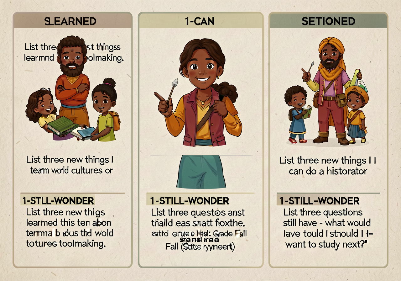 8.5x11 portrait sheet with 3 sections. SECTION I-LEARNED: 'List three new things I learned this term about world culture
