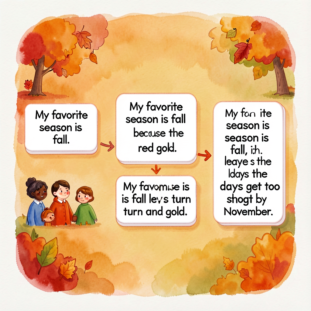Illustration of three sentence-strip cards: card 1 (short, white) reads 'My favorite season is fall.'; card 2 (medium, w