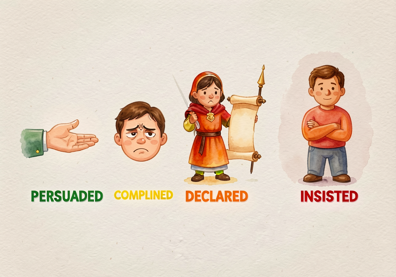Horizontal continuum strip (24 inches printable): leftmost icon a calm hand-out gesture labeled PERSUADED (gentle), then