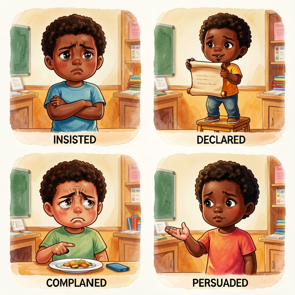 Photo grid of 4 children (multicultural) demonstrating each verb: top-left child with arms crossed and firm face (INSIST