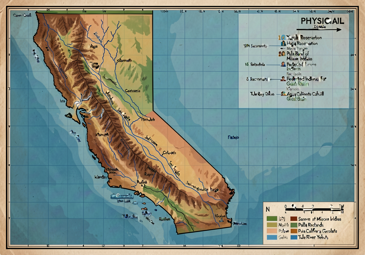 State Physical Map with watersheds and Indigenous-homelands overlay (CONCRETE EXAMPLE: California). 22-inch wall map. La