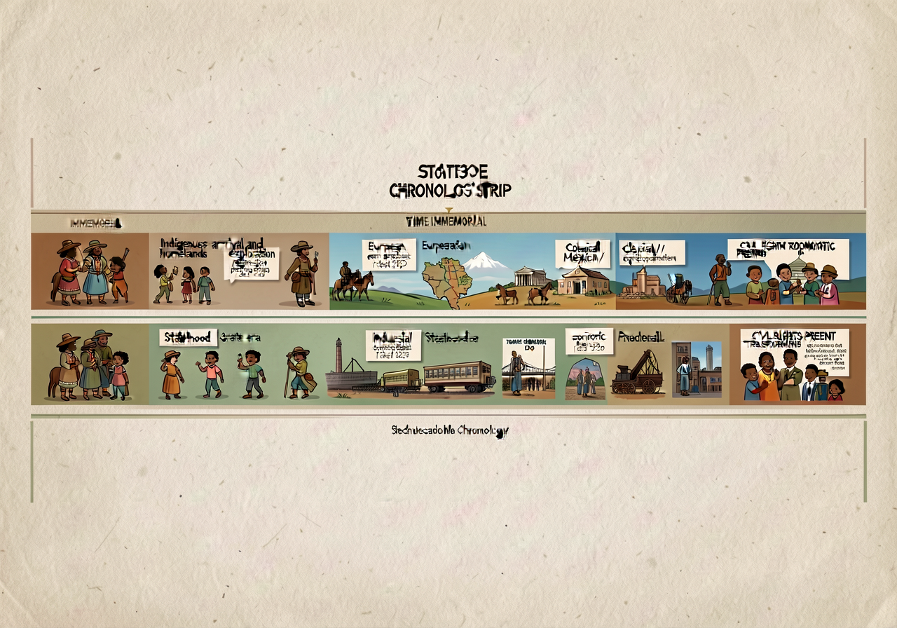State Chronology Strip - 96-inch horizontal wall strip. Six bands: (1) Indigenous homelands (TIME IMMEMORIAL through pre