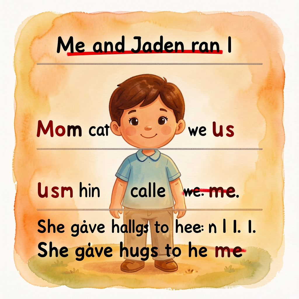 Illustration of a sentence-strip with crossed-out errors in red: 'Me and Jaden ran.' (Me crossed out, 'Jaden and I' writ