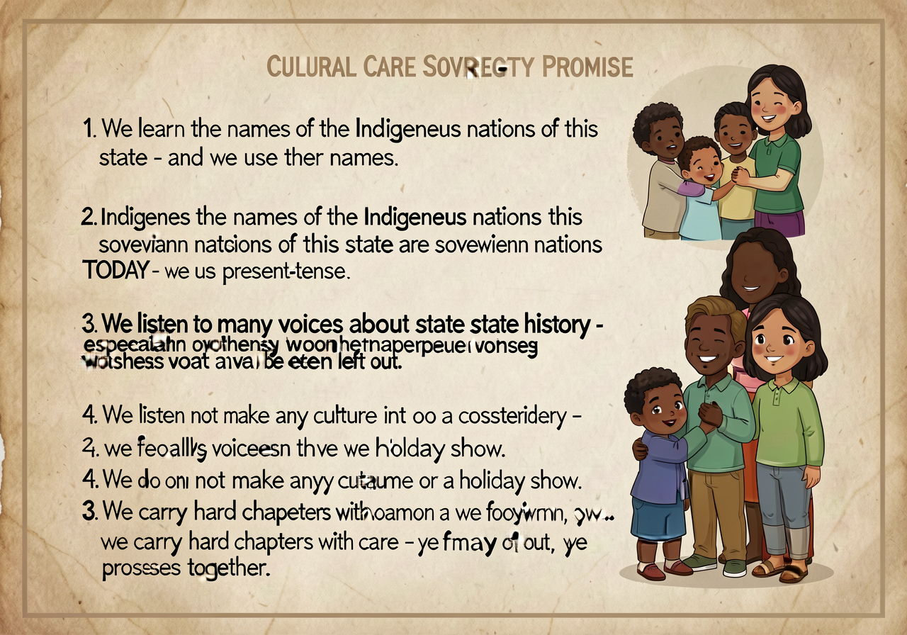 Cultural Care Promise / Sovereignty Promise - 18x24-inch wall chart. Five lines: (1) We learn the names of the Indigenou