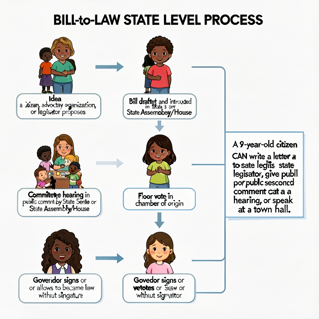 Bill-to-Law State-Level Process Diagram - 24x18 inches. Six steps: (1) Idea (a citizen, advocacy organization, or legisl