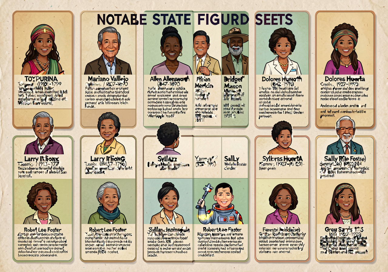 Notable State Figures Card Set - 12 cards, 5x7 inches each. Each card shows one notable state figure with photo or illus